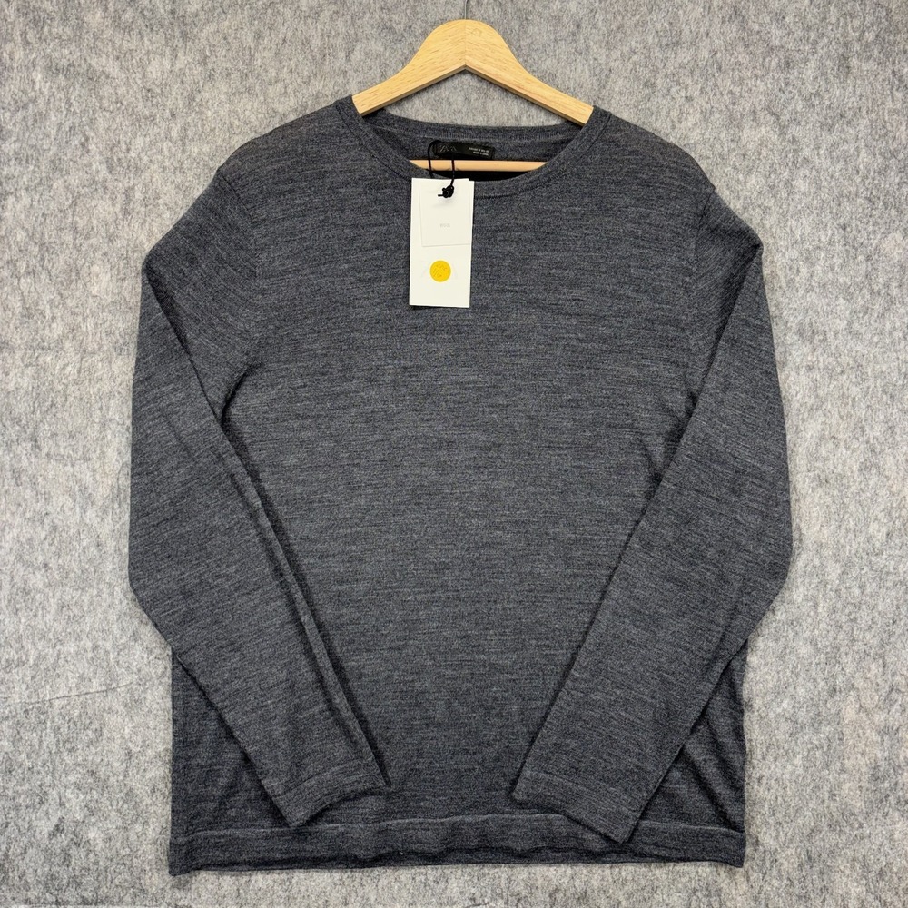 Zara 100% Merino Wool Sweater Men's Medium Gray‎ Long Sleeve Soft Knit New